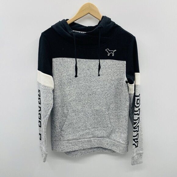 Victorias Secret PINK Womens Size XS High Neck Hooded Sweatshirt in Gray/Black - Picture 1 of 5